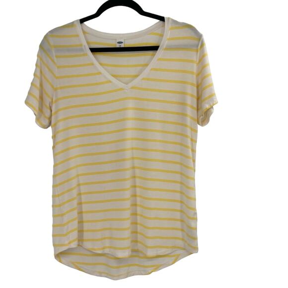Old Navy Luxe V Neck Jersey Stretch Tee Striped Yellow White Small - Picture 1 of 9